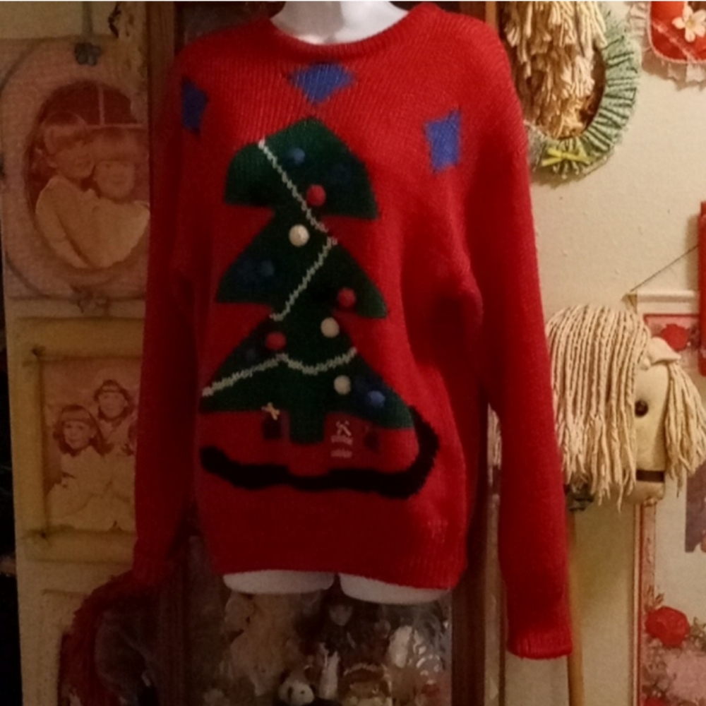 NEW,Vintage, 🍒Red,Christmas Sweater With Colorful Pom Pom Christmas Tree 🎄